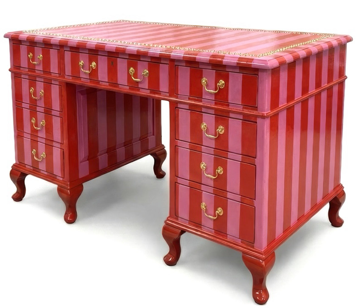 Vintage Office Desk in Red & Pink Stripes