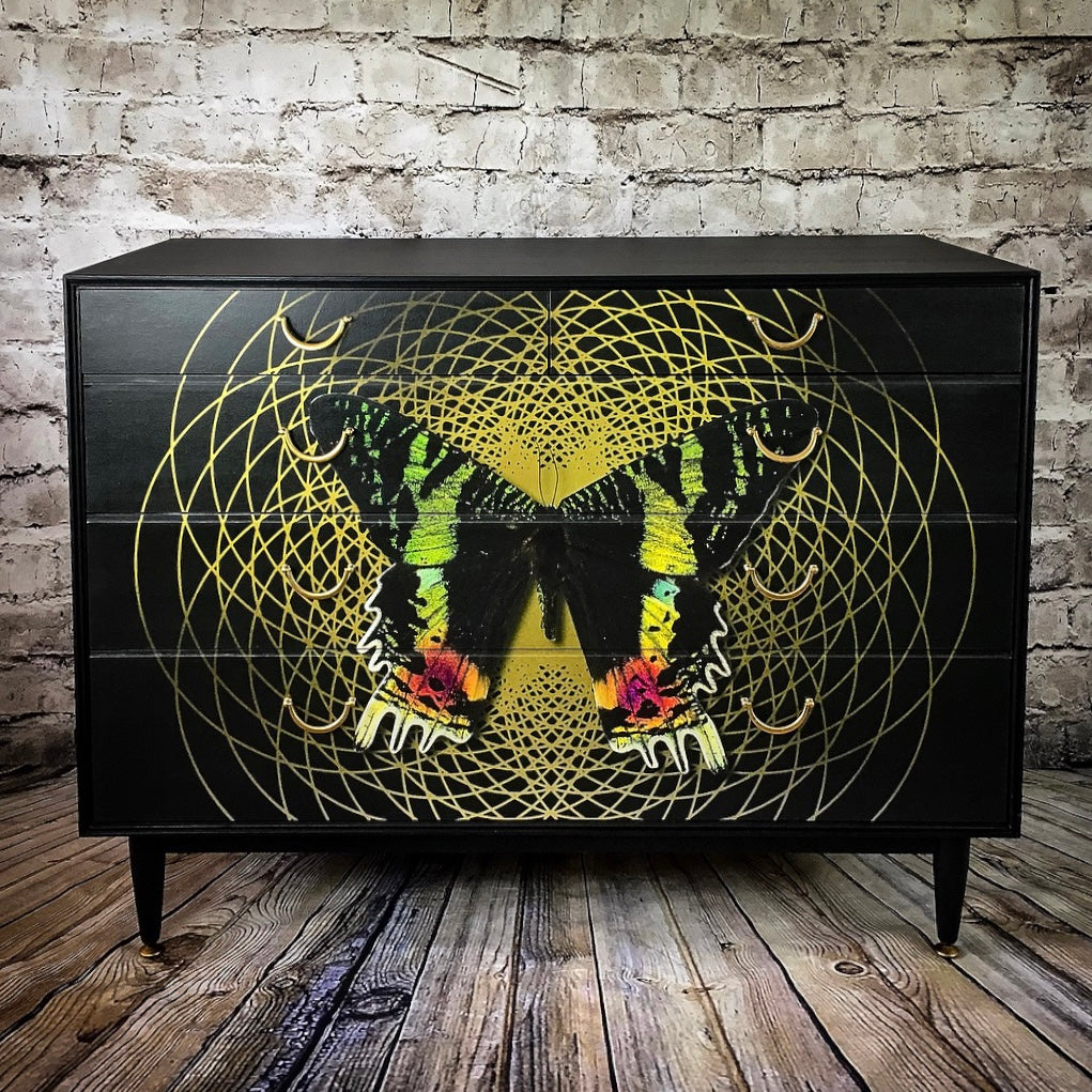 Upcycled Chest Of Drawers Tallboy with Butterfly