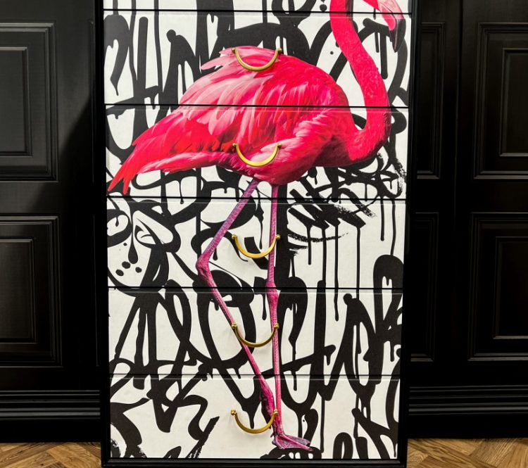 Upcycled Vintage Tallboy with Flamingo Design