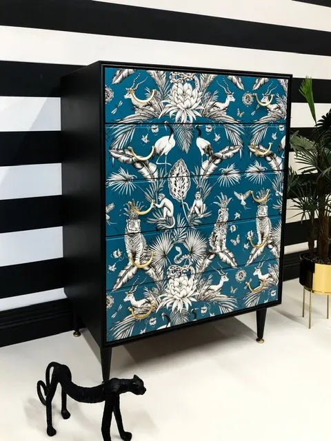 Vintage Chest of Drawers with Teal Jungle Print