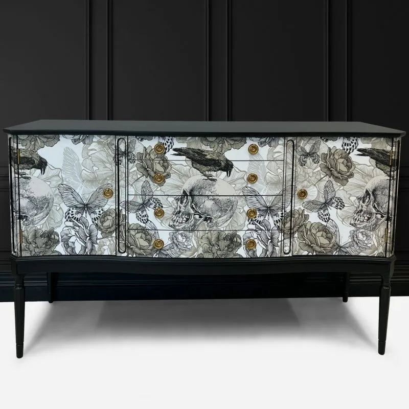 Vintage Painted Sideboard Skulls & Roses Monochrome