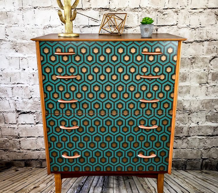 Upcycled Vintage Chest of Drawers with Retro Hexagon Print