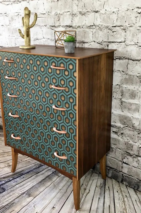 Upcycled Vintage Chest of Drawers with Retro Hexagon Print