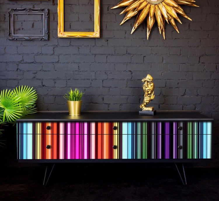 Upcycled Vintage Neon Stripes Sideboard