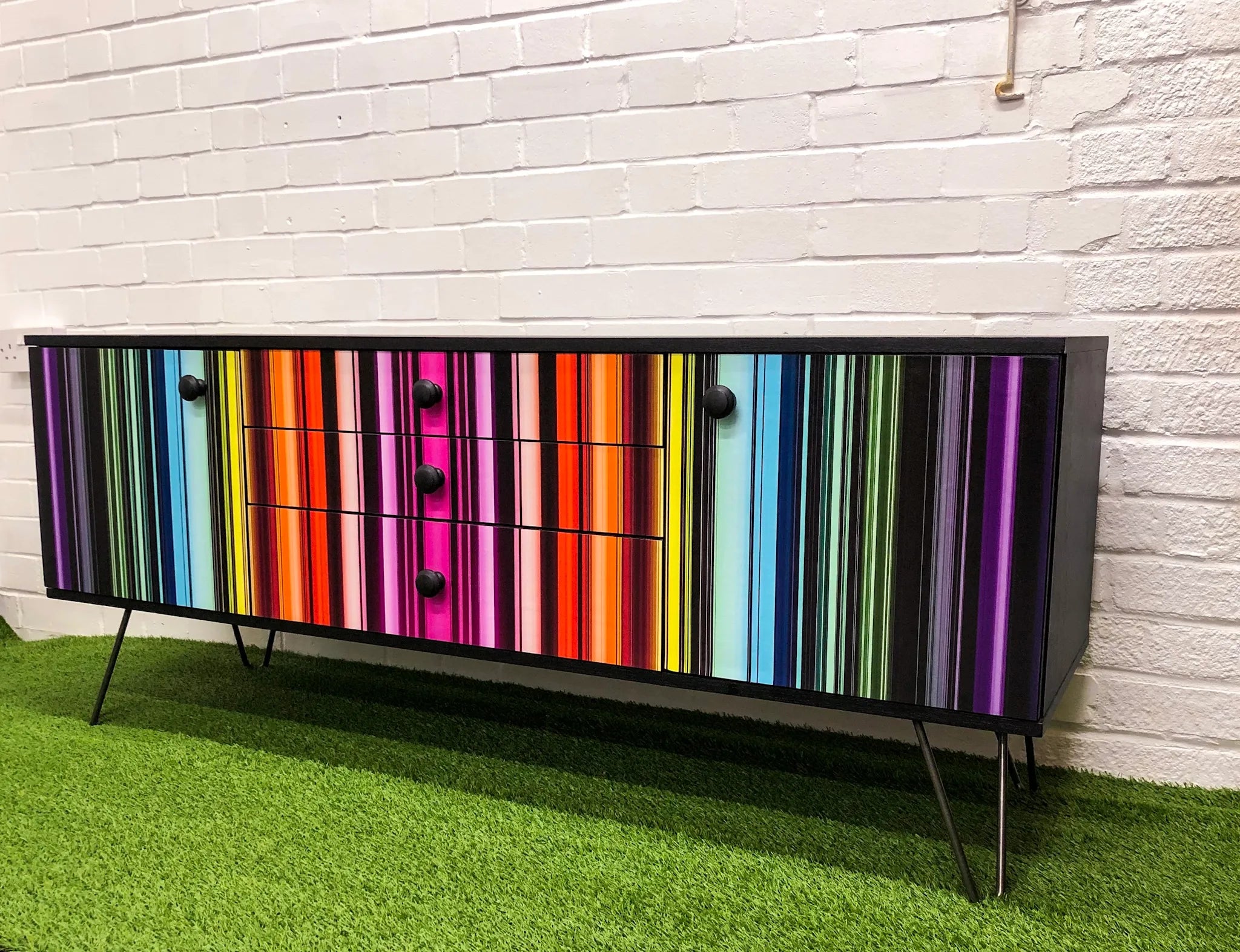 Upcycled Vintage Neon Stripes Sideboard