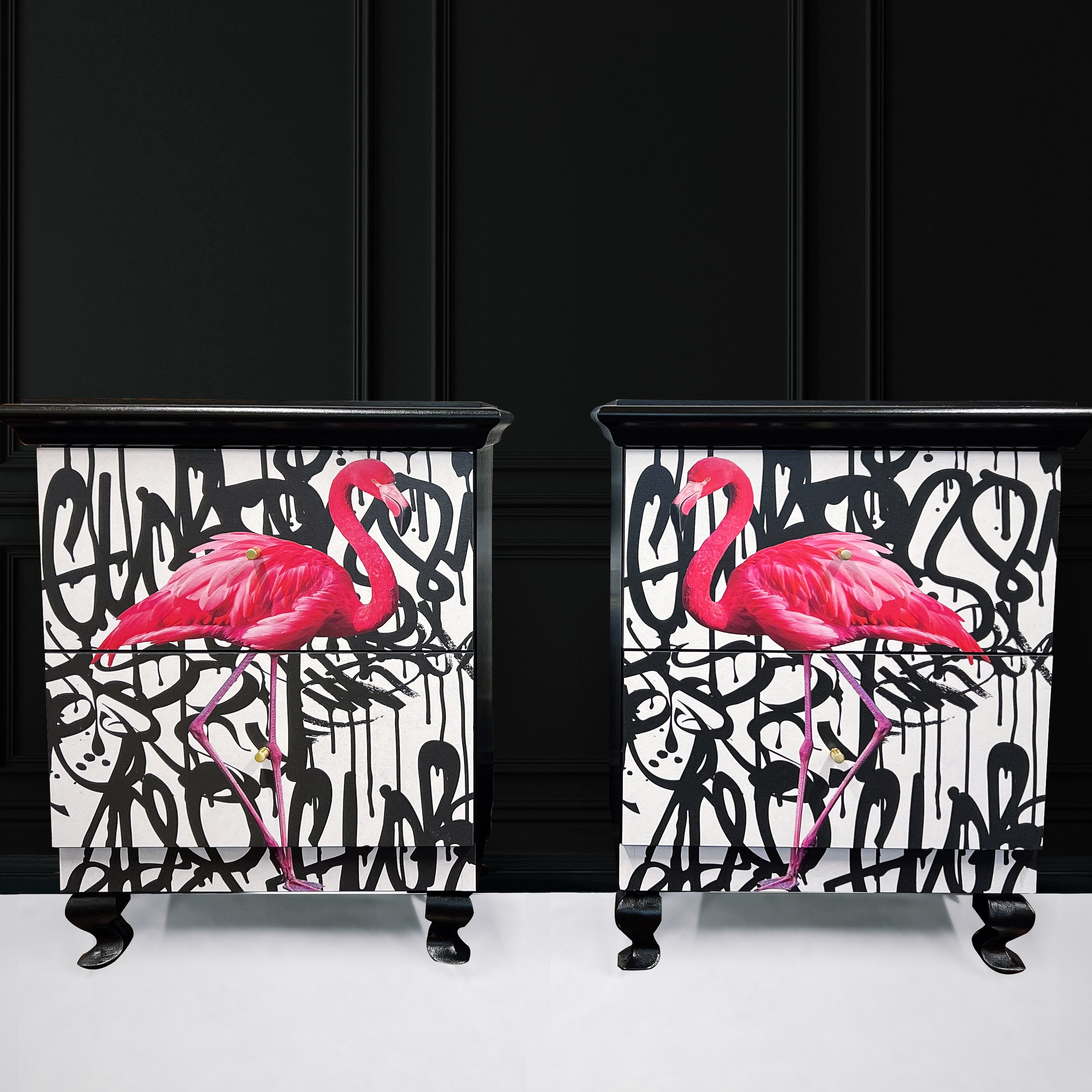 Upcycled Bedside Cabinet - Graffiti Flamingo