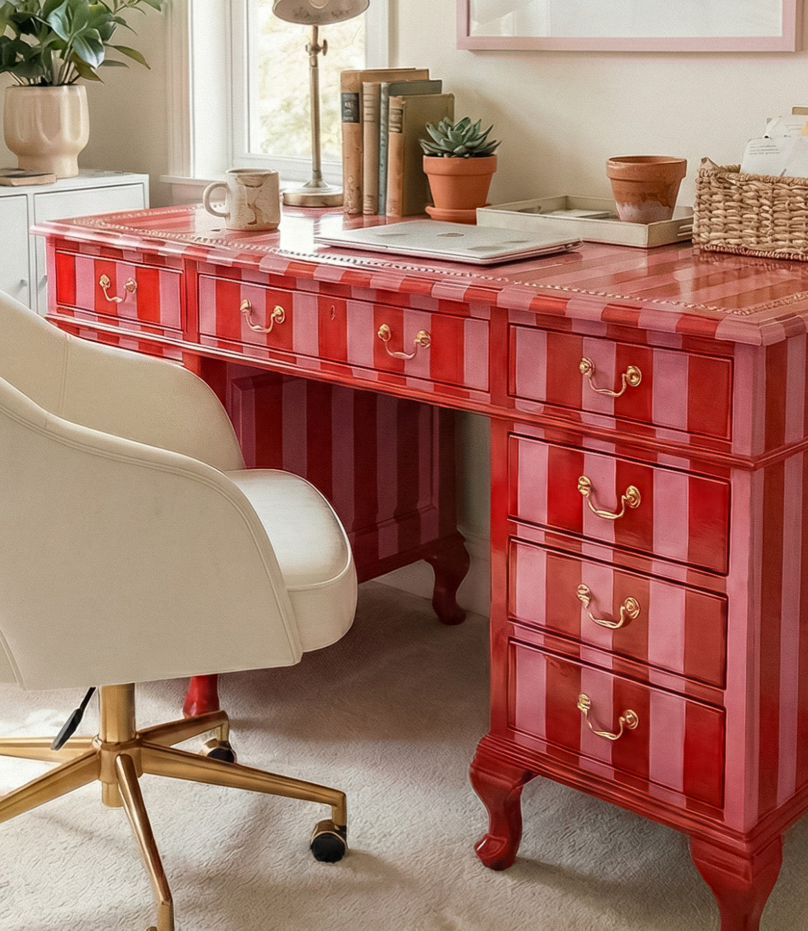Vintage Office Desk in Red & Pink Stripes