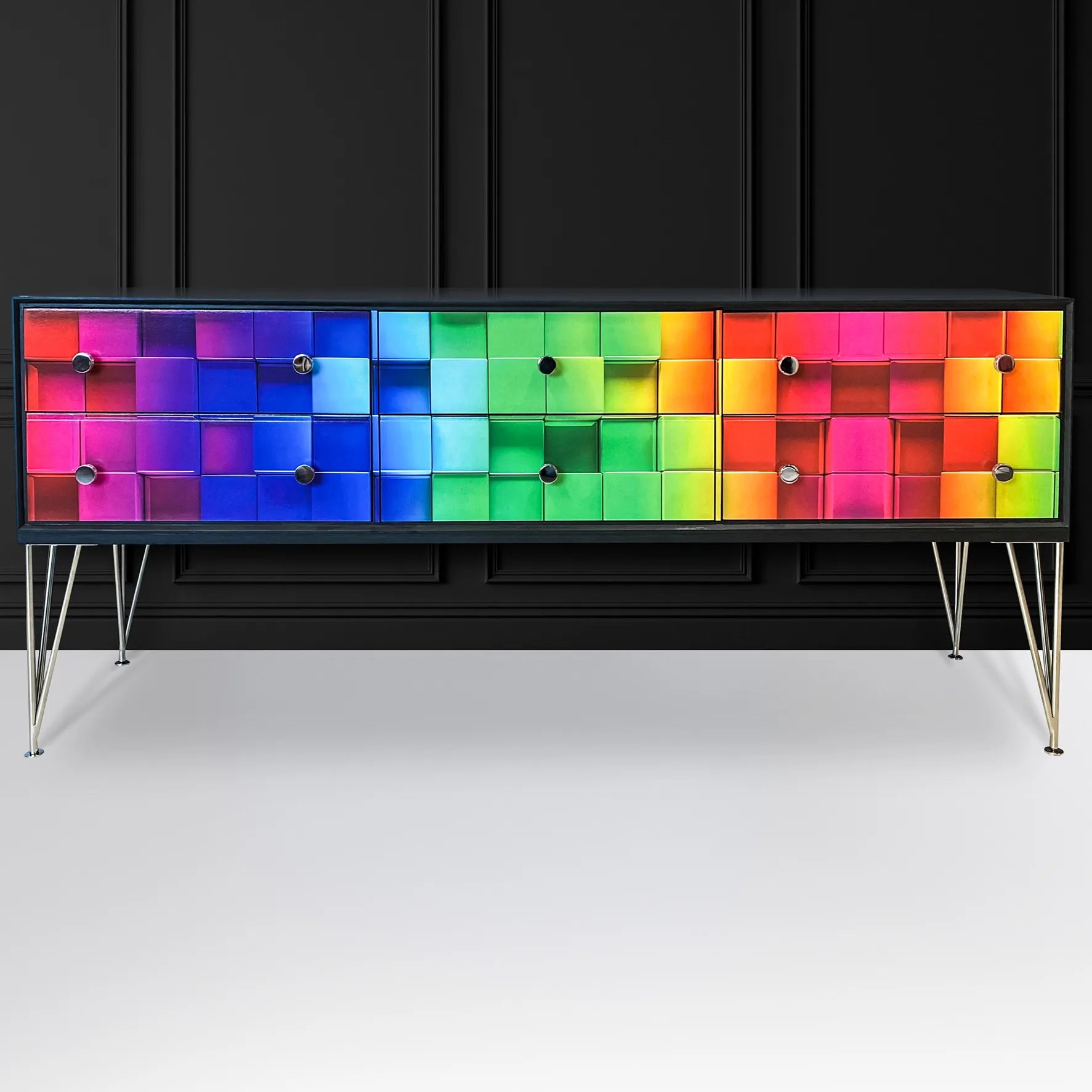 Upcycled Sideboard Painted in Neon Cubes