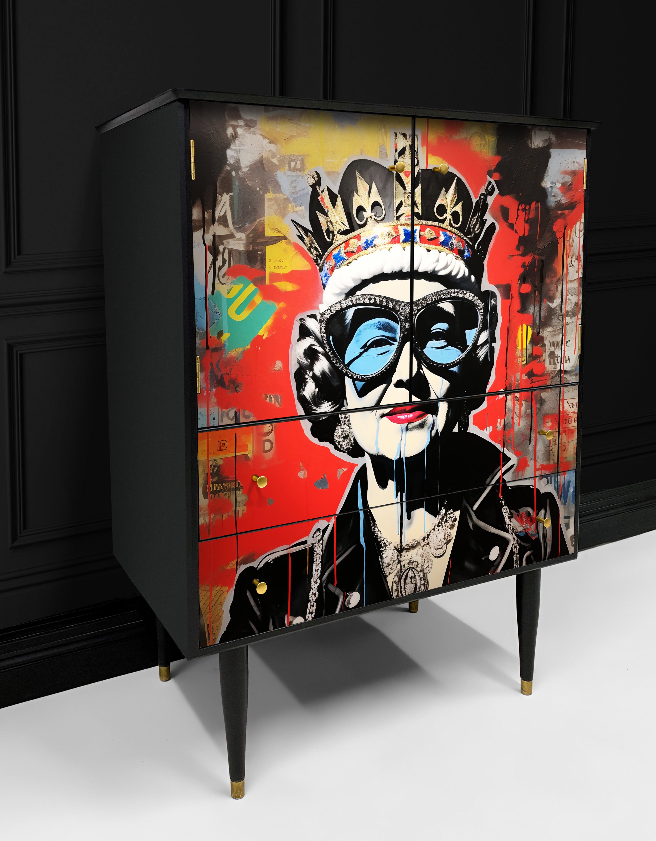 Upcycled cabinet with a pop art Queen Elizabeth print on the front