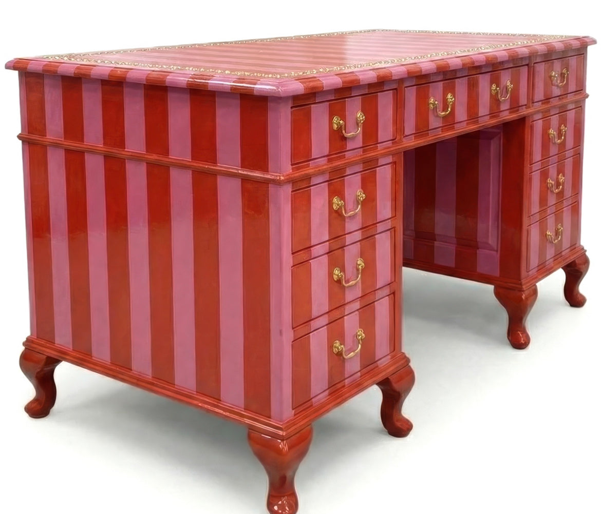 Vintage Office Desk in Red & Pink Stripes