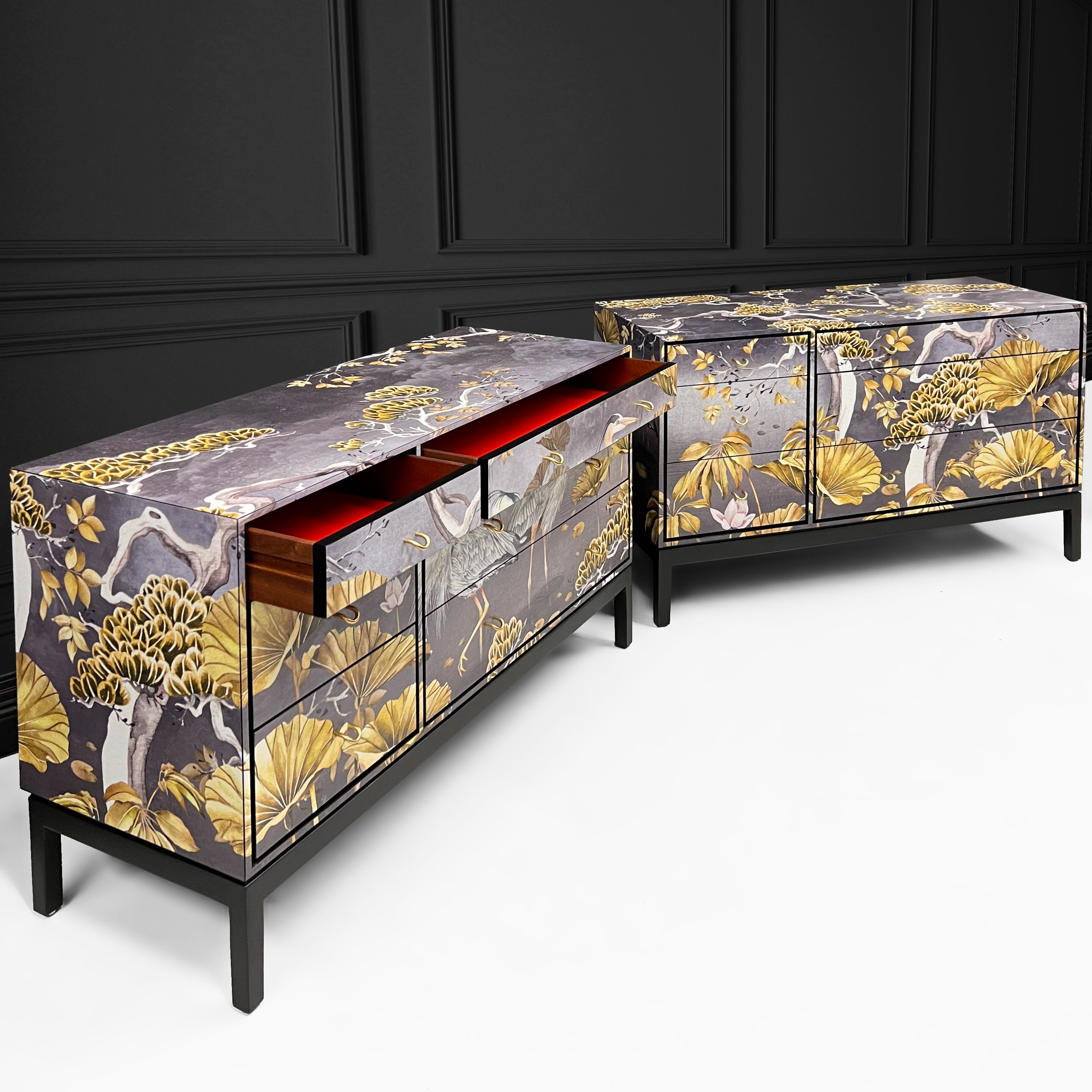 Vintage Sideboard Gold and Grey Cranes