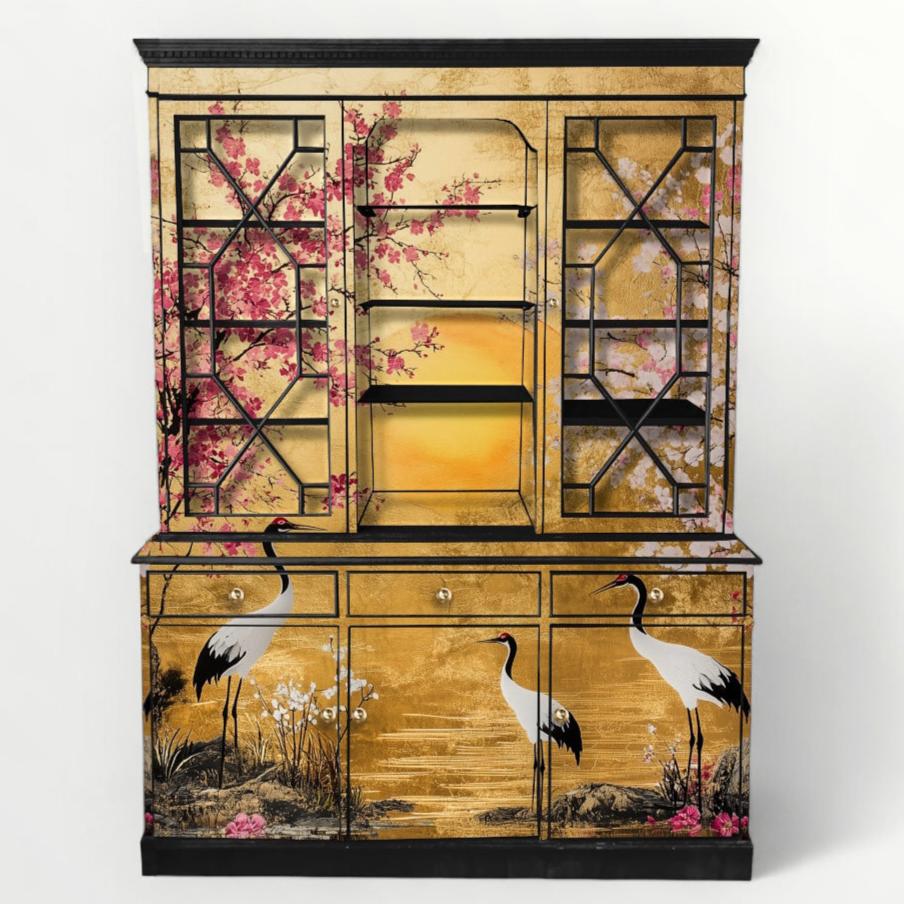 Upcycled Painted Display Cabinet - Oriental Gardens