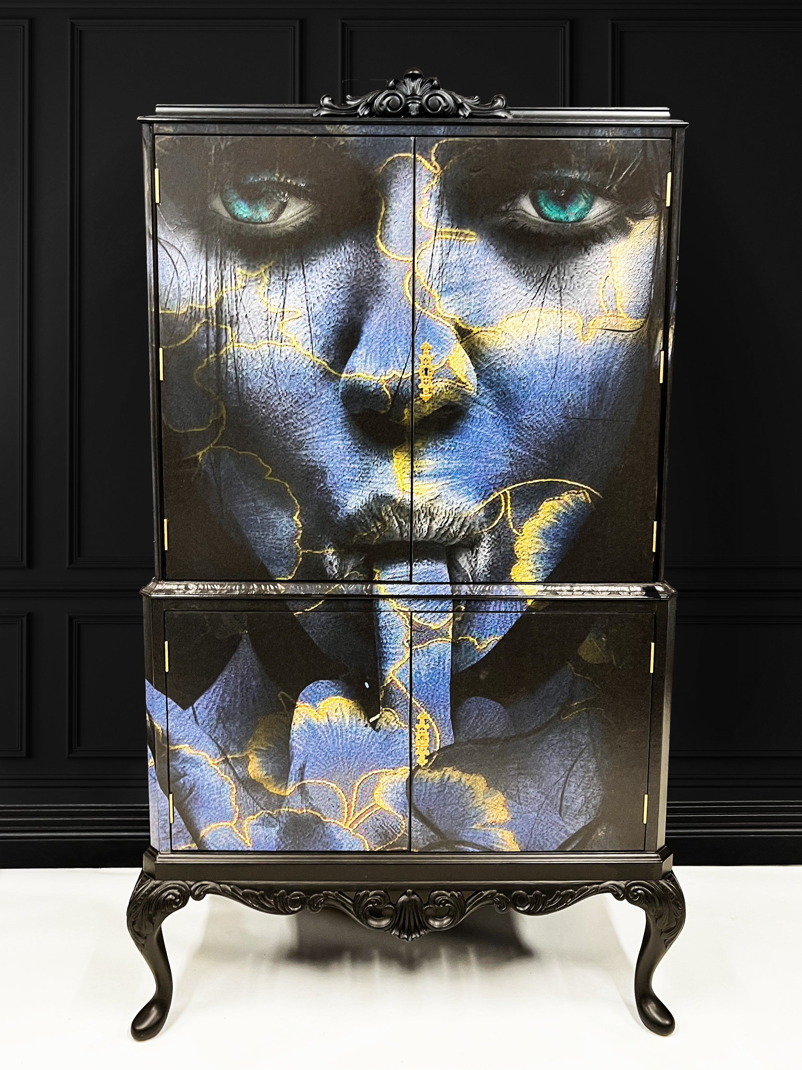 Upcycled Painted Cocktail Cabinet - Blue & Gold Lips