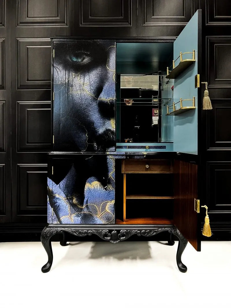 Upcycled Painted Cocktail Cabinet - Blue & Gold Lips