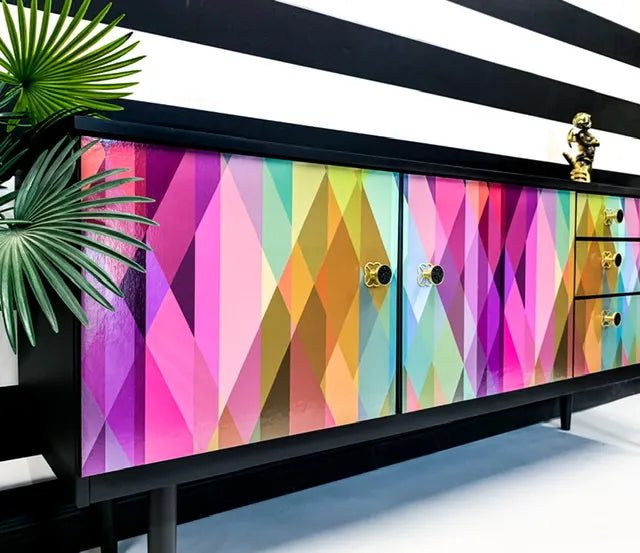 Geometric Painted Sideboard in Rainbow Prism