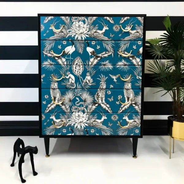 Vintage Chest of Drawers with Teal Jungle Print