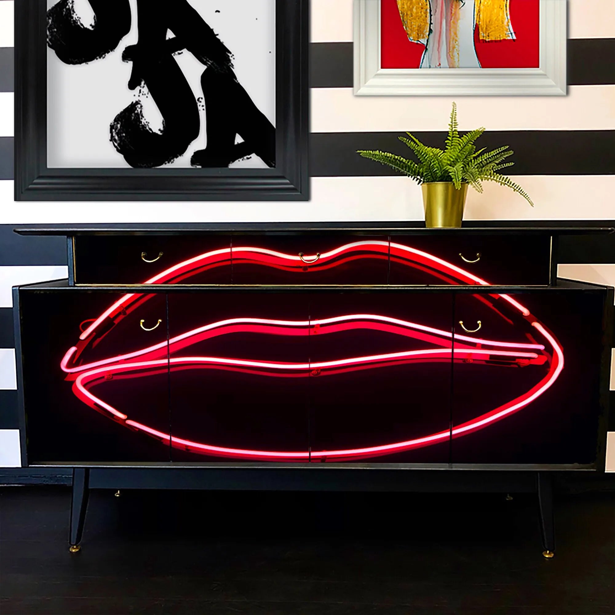 Retro Sideboard with Neon Lips Print