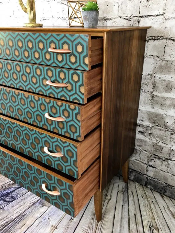 Upcycled Vintage Chest of Drawers with Retro Hexagon Print