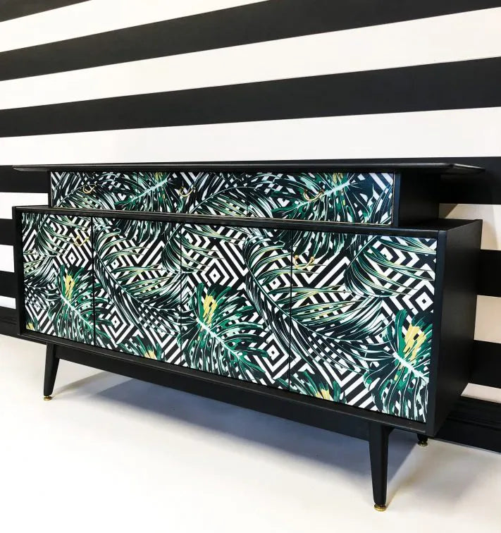 Upcycled Retro Vintage Painted Sideboard Palm Print