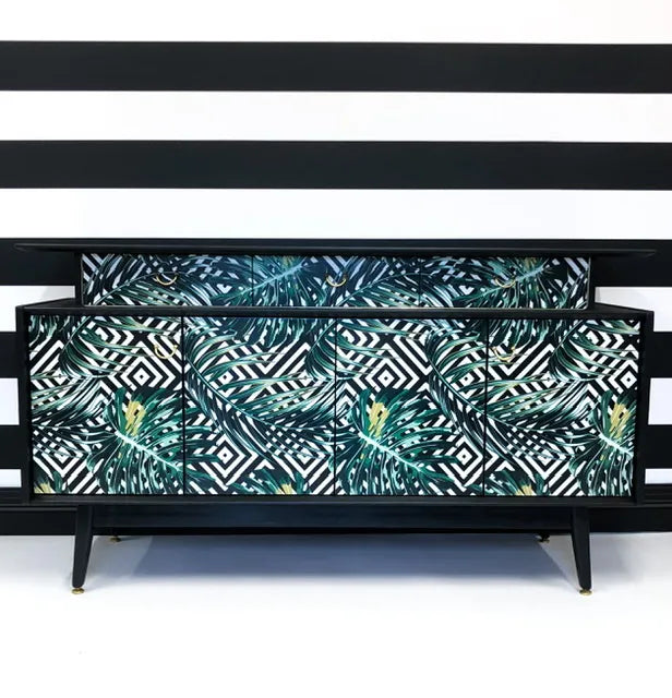 Upcycled Retro Vintage Painted Sideboard Palm Print