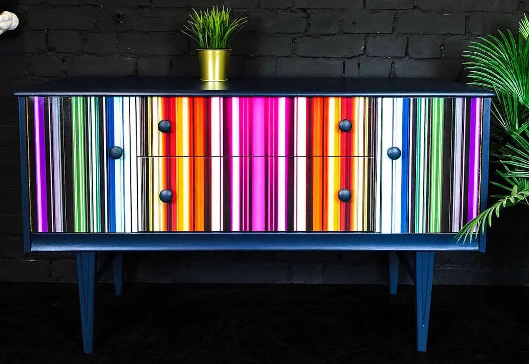 Upcycled Vintage Neon Stripes Sideboard